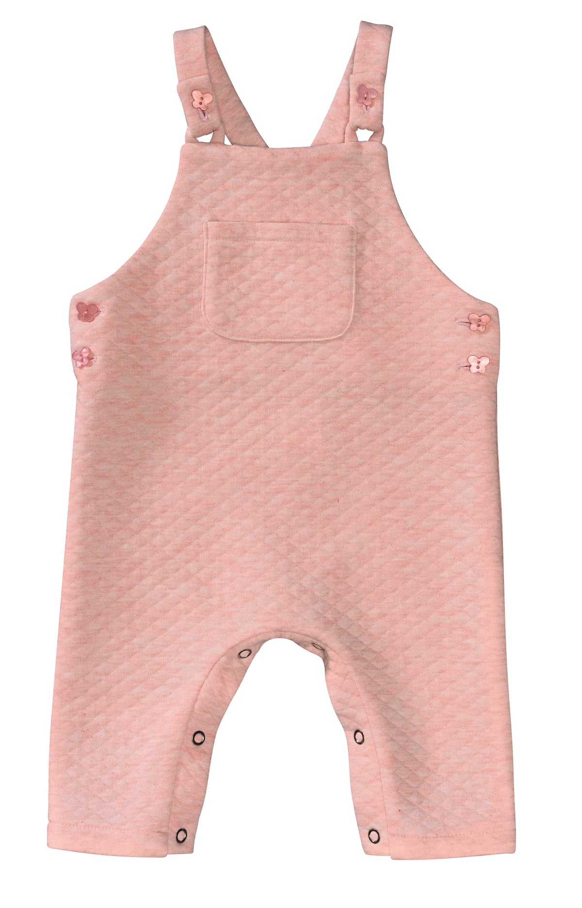 Salopette-pantalon rose en velours côtelé pour bébé avec poche sur le devant et bretelles ajustables, boutons pression sur les côtés et bas des jambes.