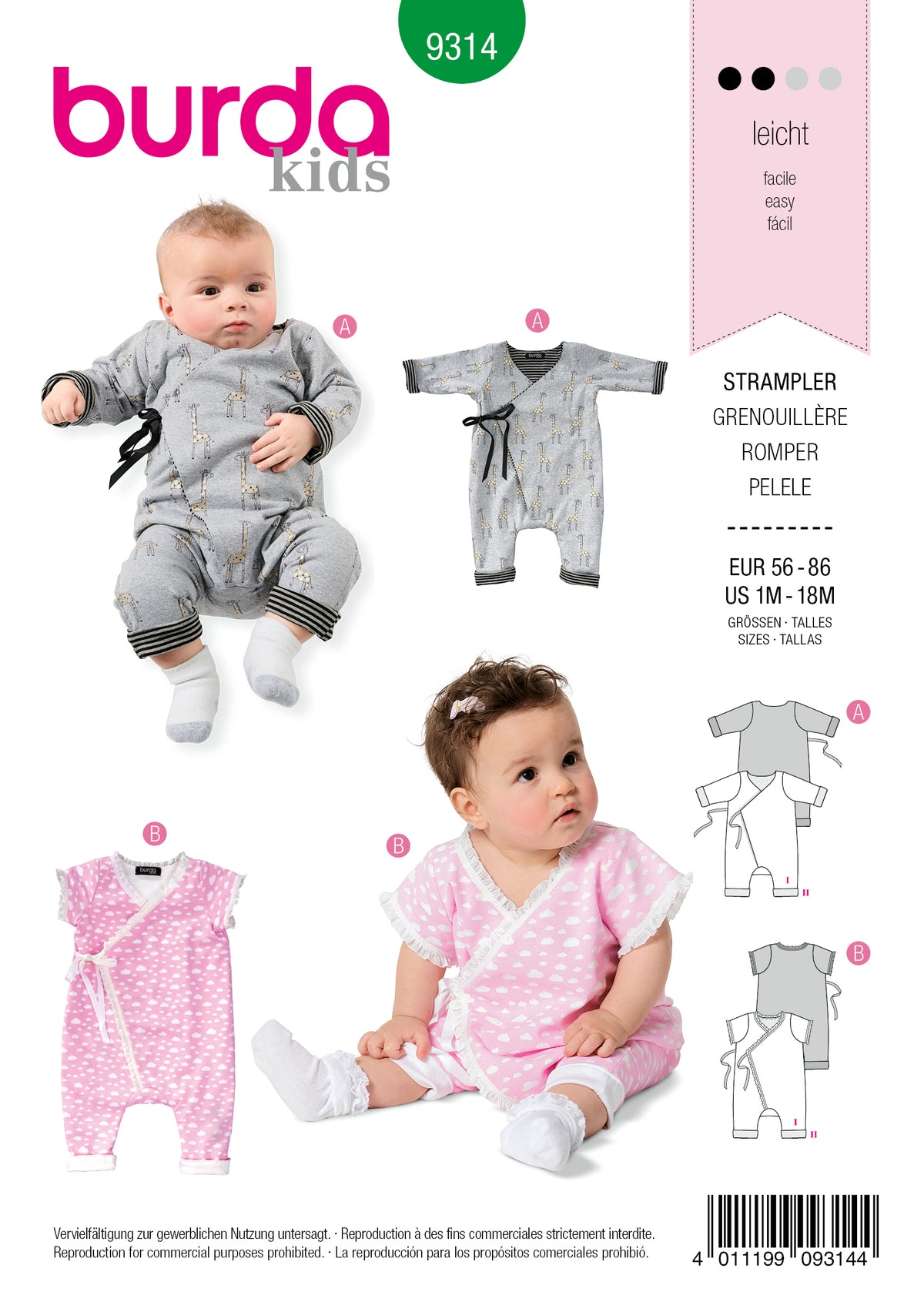 Miniatures et vêtements pour bébé Burda Kids: grenouillère gris à motifs, barboteuse rose à pois et sac d’illustrations de patrons. EUR 56-86; tailles 1M-18M.