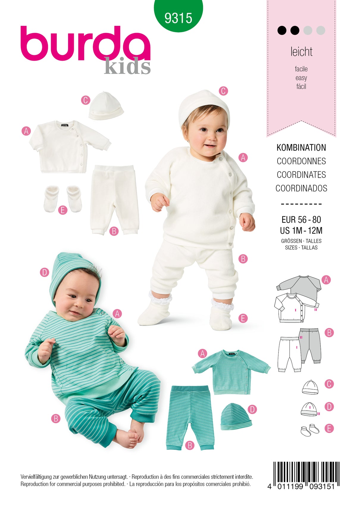 Burda Kids: ensembles en blanc et vert pour bébé, avec chaussons, bonnets et vêtements assortis, image de deux bébés porteurs de tenues complètes.