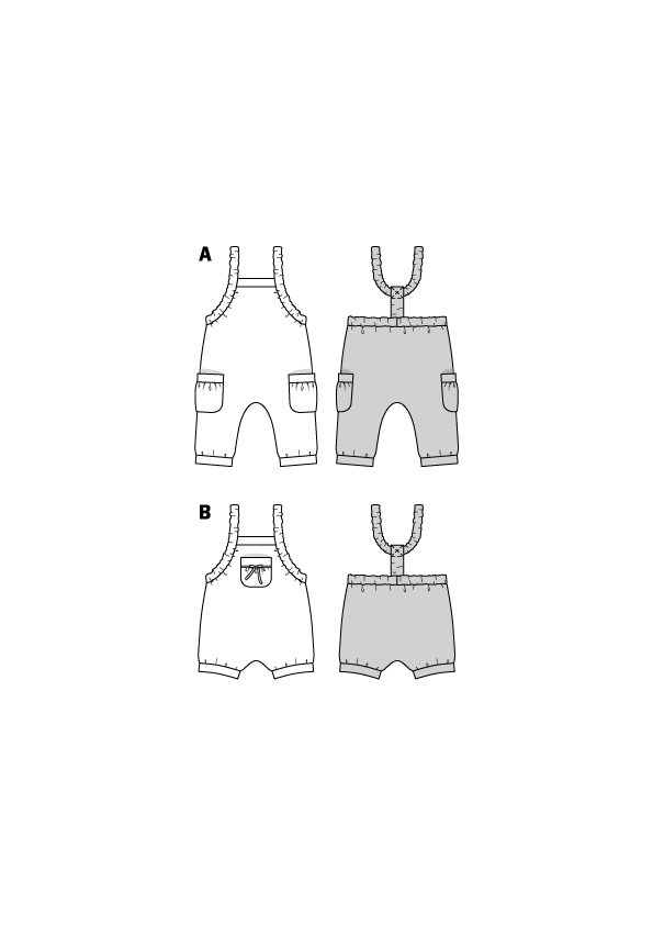 Ensemble de salopettes et short en blanc et gris, montrés en trois paires de formes similaires sur fond noir.