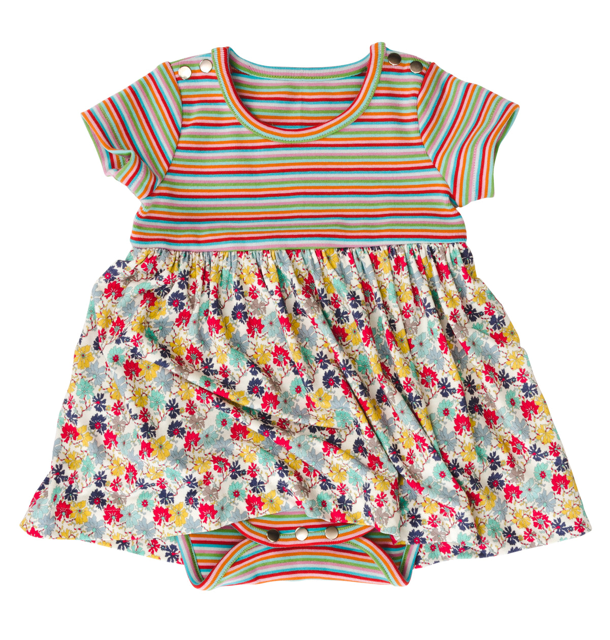Robe pour bébé, haut à rayures multicolores et jupe à motif floral, boutons pressions sur les épaules et enbas du body.