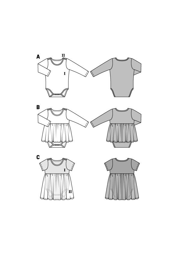 Body bébé stylist léger: manches longues et body assortis; tenues en 2 couleurs (clair/gris) avec jupes amovibles et petites finitions; ensembles I et II en version croisée.