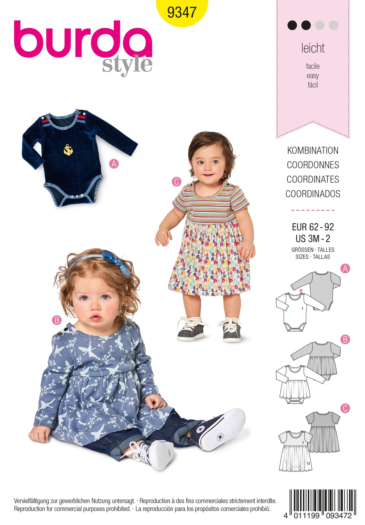 Ensemble pour bébé Burda: trois bébés portent des tenues différentes, suspendues par une mise en page publicitaire colorée.