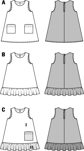 Robe ou tablier à motifs simple: devant blanc avec poches, dos gris avec fermeture centrale et ourlet plissé, variations visibles.