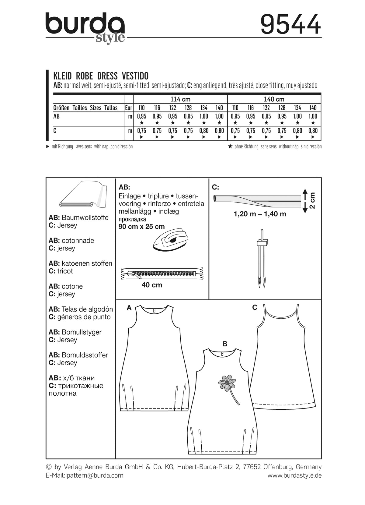 Aperçu d’un plan de couture Burda 9544 avec tableau de tailles et schémas de pièces en noir et blanc.