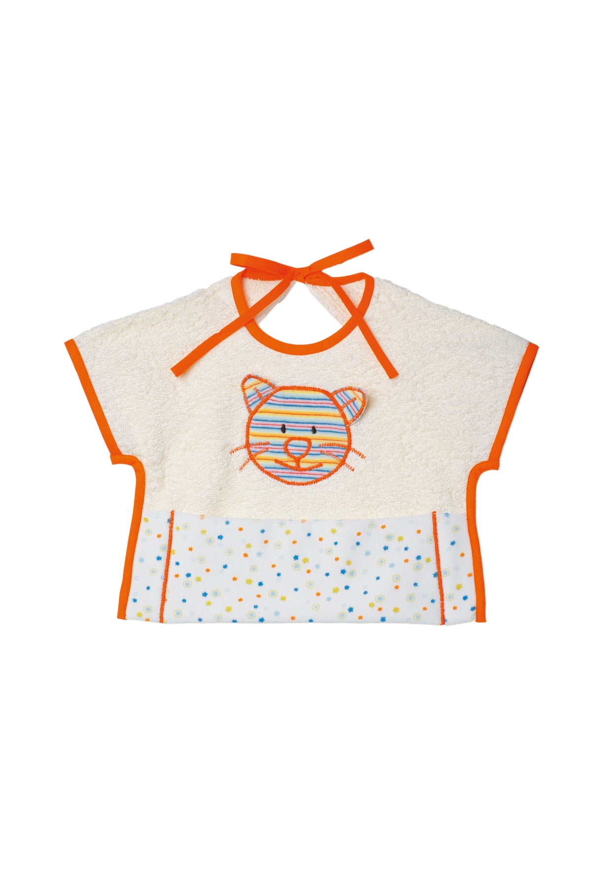 Bavoir pour bébé beige écru avec bordures orange, appliqué tigre coloré au centre et motif étoilé au fond.