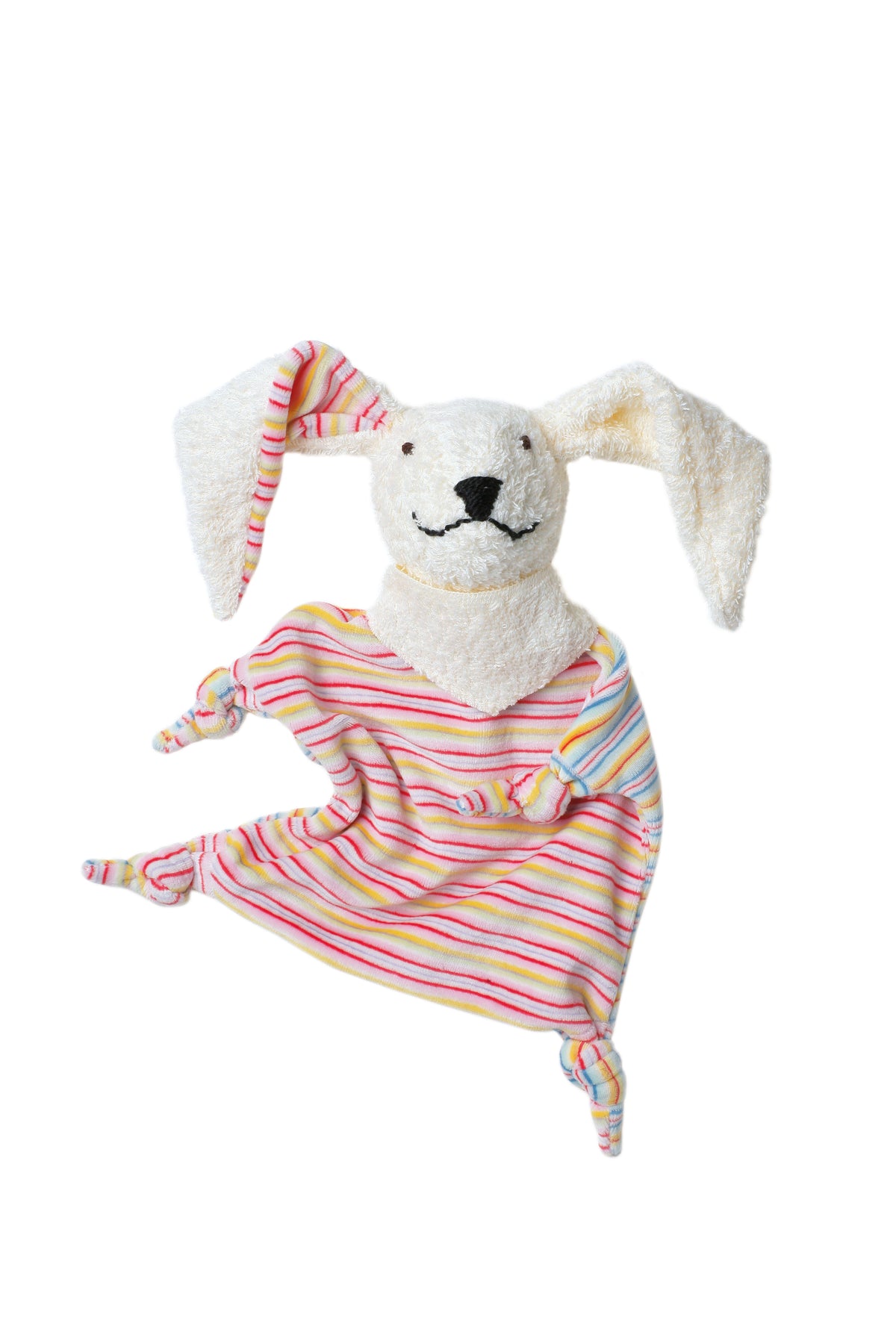 Peluché chien bdb avec cape éponge rayée multicolore, oreilles longues et tête blanche, accessoire mouchoir-poisson.