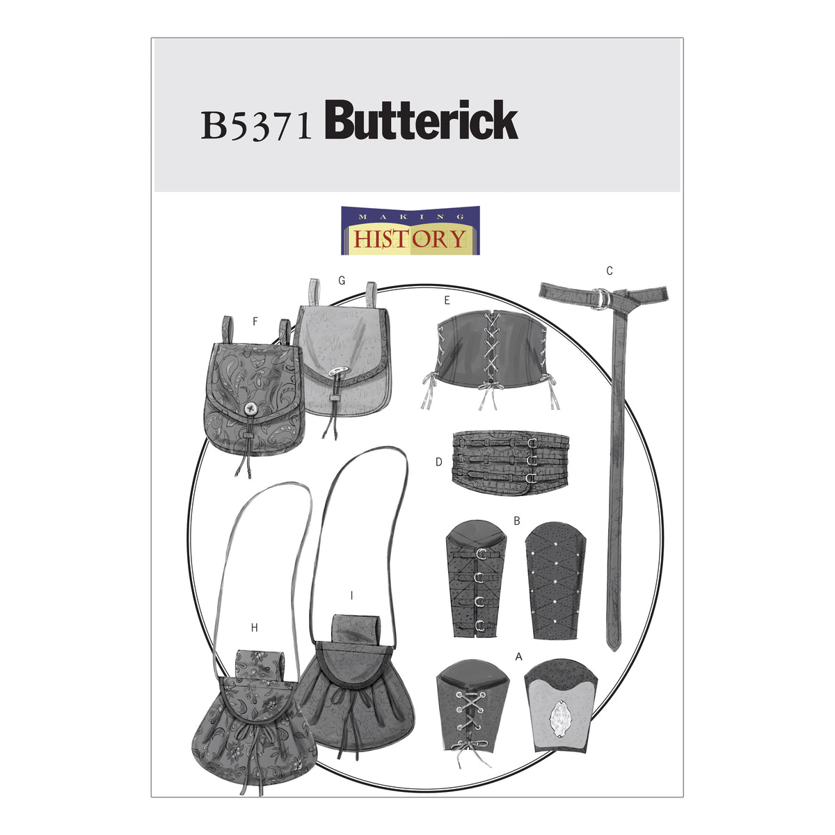 Patron Butterick n°5371 – Accessoires historiques : brassards, corsets, ceinture et pochettes
