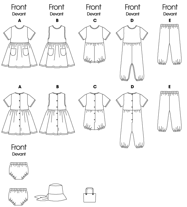 Patron Butterick n°5624 – Ensemble complet pour bébé : robe, chasuble, barboteuse, combinaison, culotte, pantalon, chapeau et sac