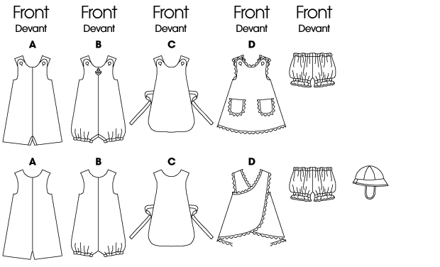 Patron Butterick n°5625 – Ensemble pour bébé : barboteuse, chasuble, culotte et chapeau