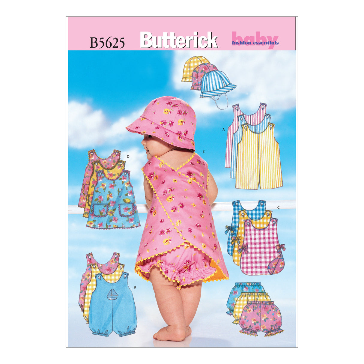 Patron Butterick n°5625 – Ensemble pour bébé : barboteuse, chasuble, culotte et chapeau