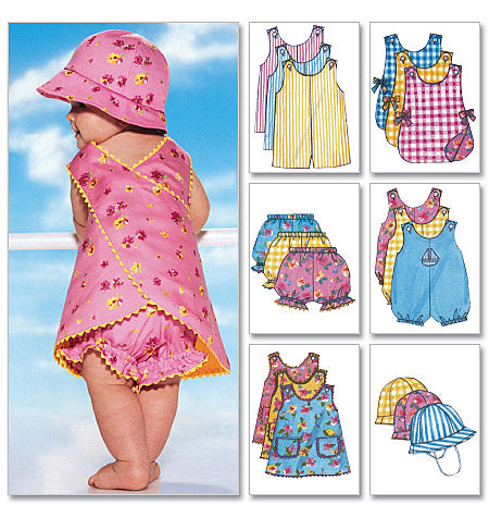Patron Butterick n°5625 – Ensemble pour bébé : barboteuse, chasuble, culotte et chapeau