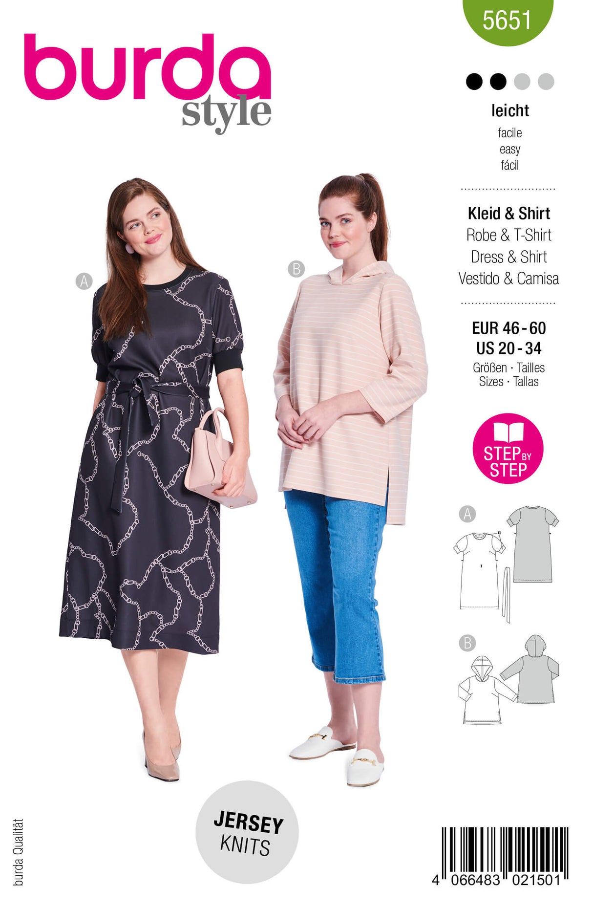 Patron Burda 5651 – Robe T-shirt et sweat à capuche femme
