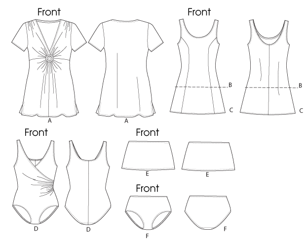 Patron Butterick n°5795 – Ensemble de plage polyvalent : cache-maillot, haut, robe, maillot de bain, jupe et bas de bikini