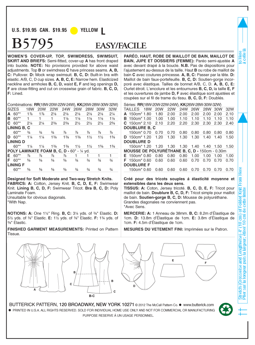 Patron Butterick n°5795 – Ensemble de plage polyvalent : cache-maillot, haut, robe, maillot de bain, jupe et bas de bikini