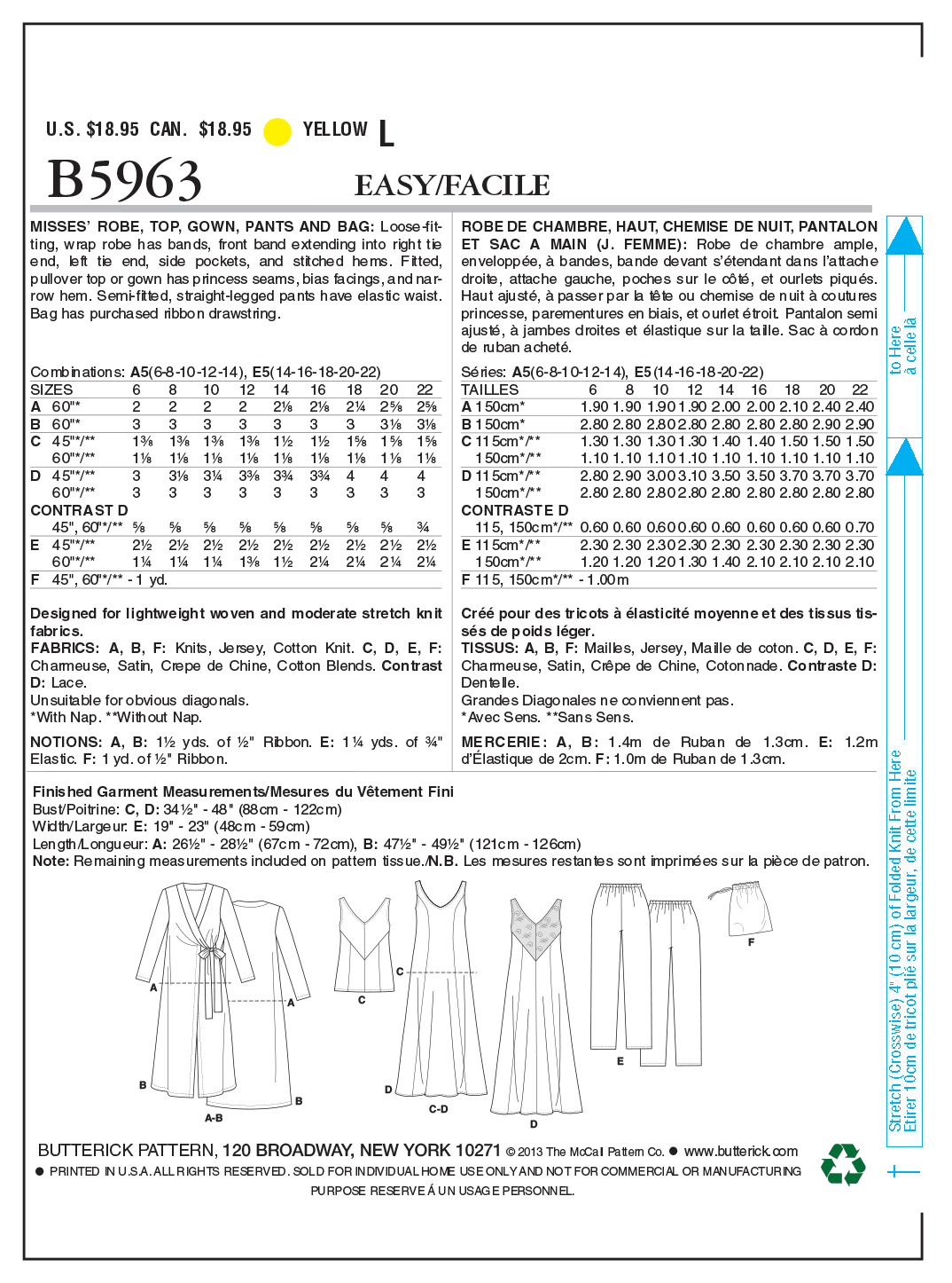 Patron Butterick n°5963 – Ensemble de détente : robe de chambre, haut, chemise de nuit, pantalon et sac