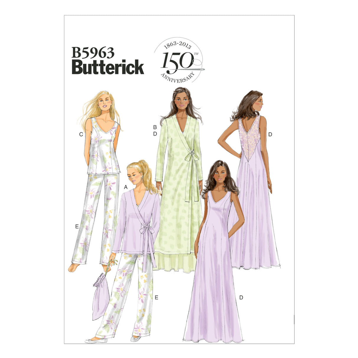 Patron Butterick n°5963 – Ensemble de détente : robe de chambre, haut, chemise de nuit, pantalon et sac
