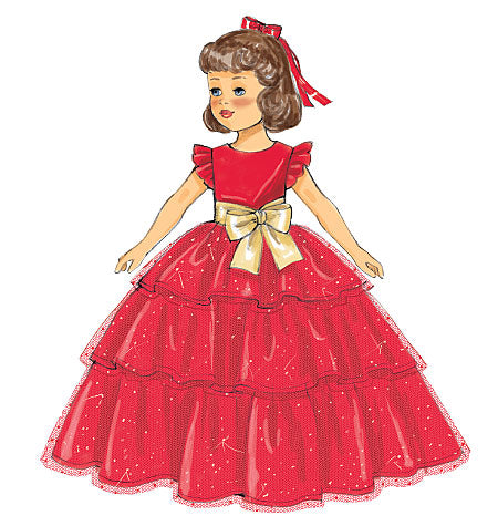Robe de princesse rouge à volants et crinoline, avec ceinture dorée et nœud rouge dans les cheveux.