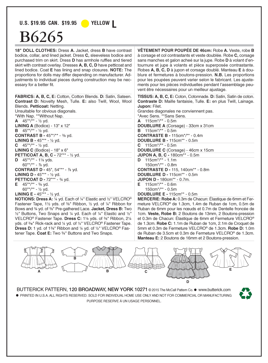 Patron Butterick n°6265 - Tenues rétro pour poupée de 46 cm