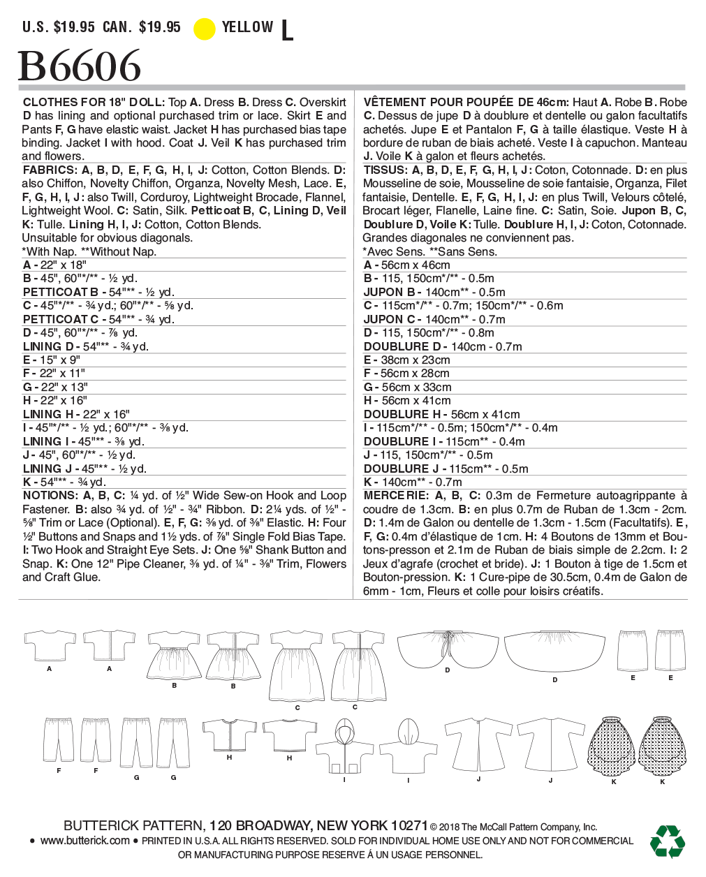 Patron Butterick n°6606 - Vêtements pour poupée de 46 cm