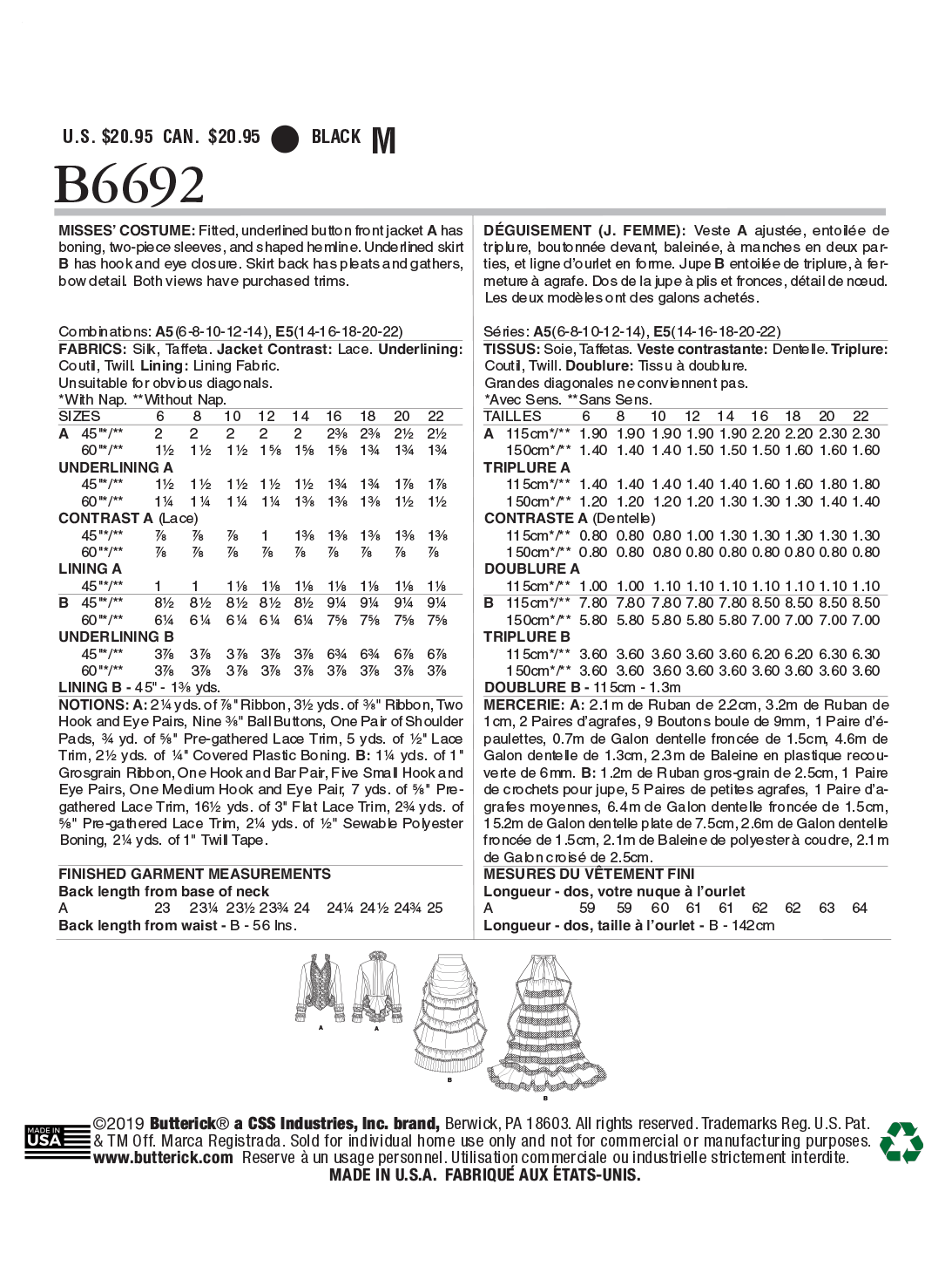 Patron Butterick n°6692 - Costume historique victorien