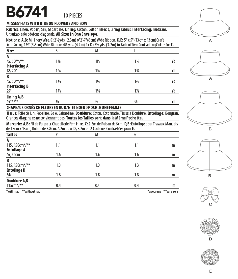 Patron Butterick n°6741 - Chapeaux féminins ornés de rubans, fleurs et nœuds