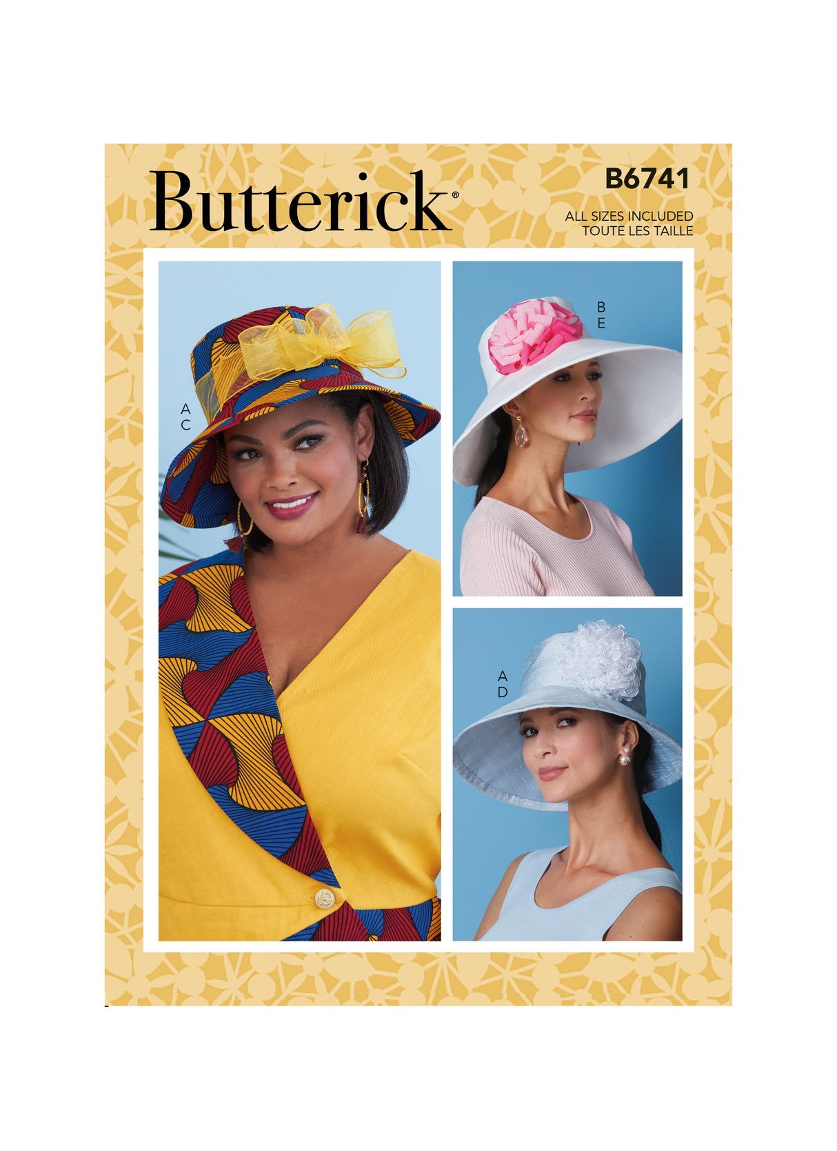 Patron Butterick n°6741 - Chapeaux féminins ornés de rubans, fleurs et nœuds