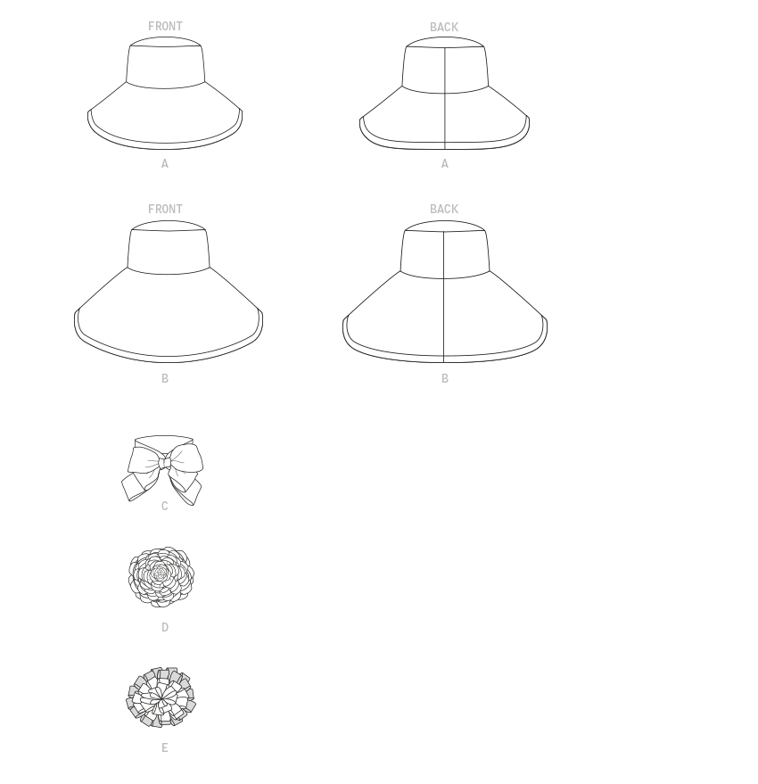 Patron Butterick n°6741 - Chapeaux féminins ornés de rubans, fleurs et nœuds