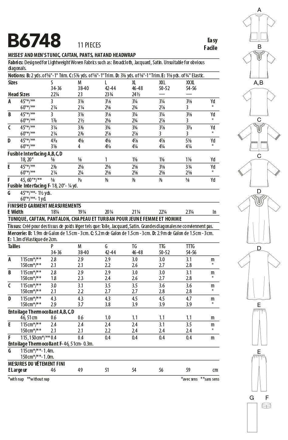 Patron Butterick n°6748 - Ensemble tunique, caftan, pantalon, chapeau et bandeau