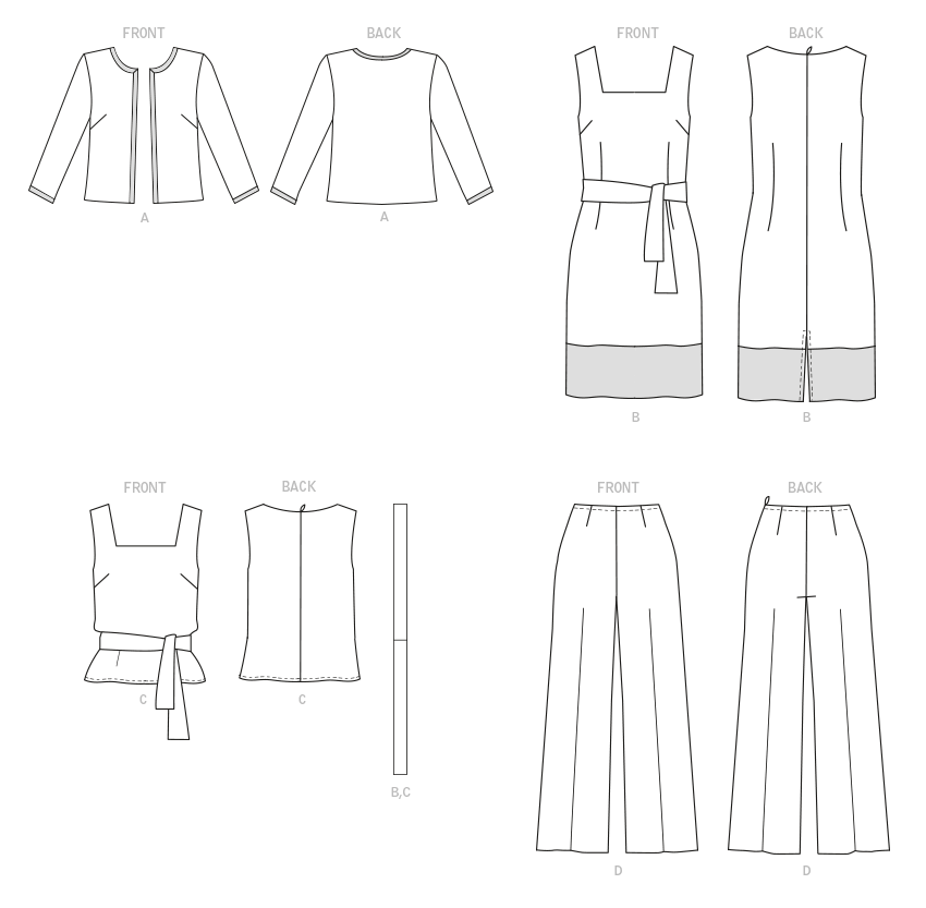 Patron Butterick n°6882 - Ensemble veste, robe, haut et pantalon