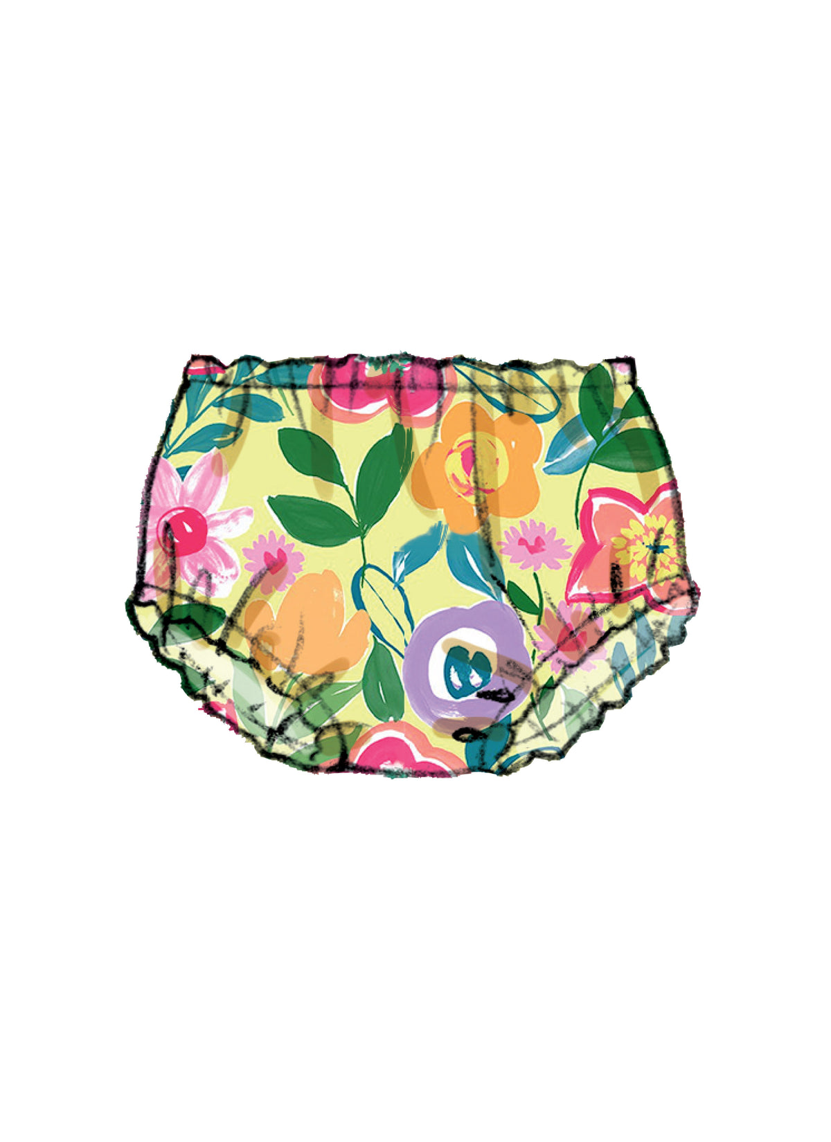 Couche-culotte jetable imprimée floral jaune avec fleurs multicolores et feuilles, bord incurvé et élastique noir.