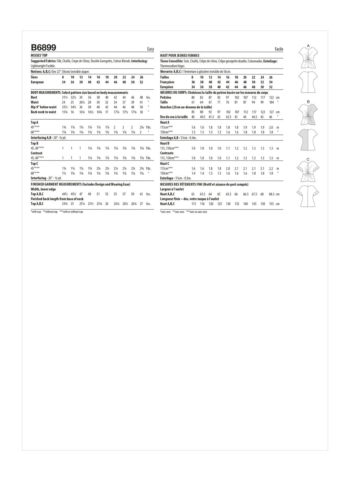 Patron Butterick n°6899 - Haut féminin avec devant torsadé