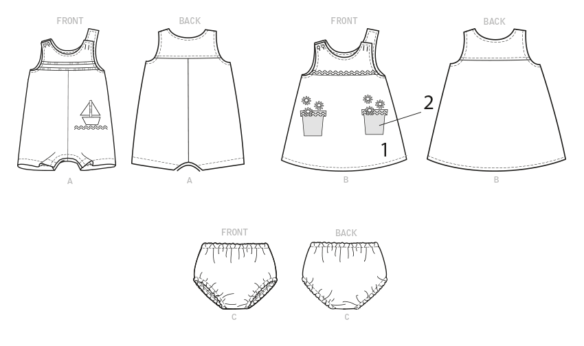 Patron Butterick n°6905 - Salopette, robe et culotte pour bébé