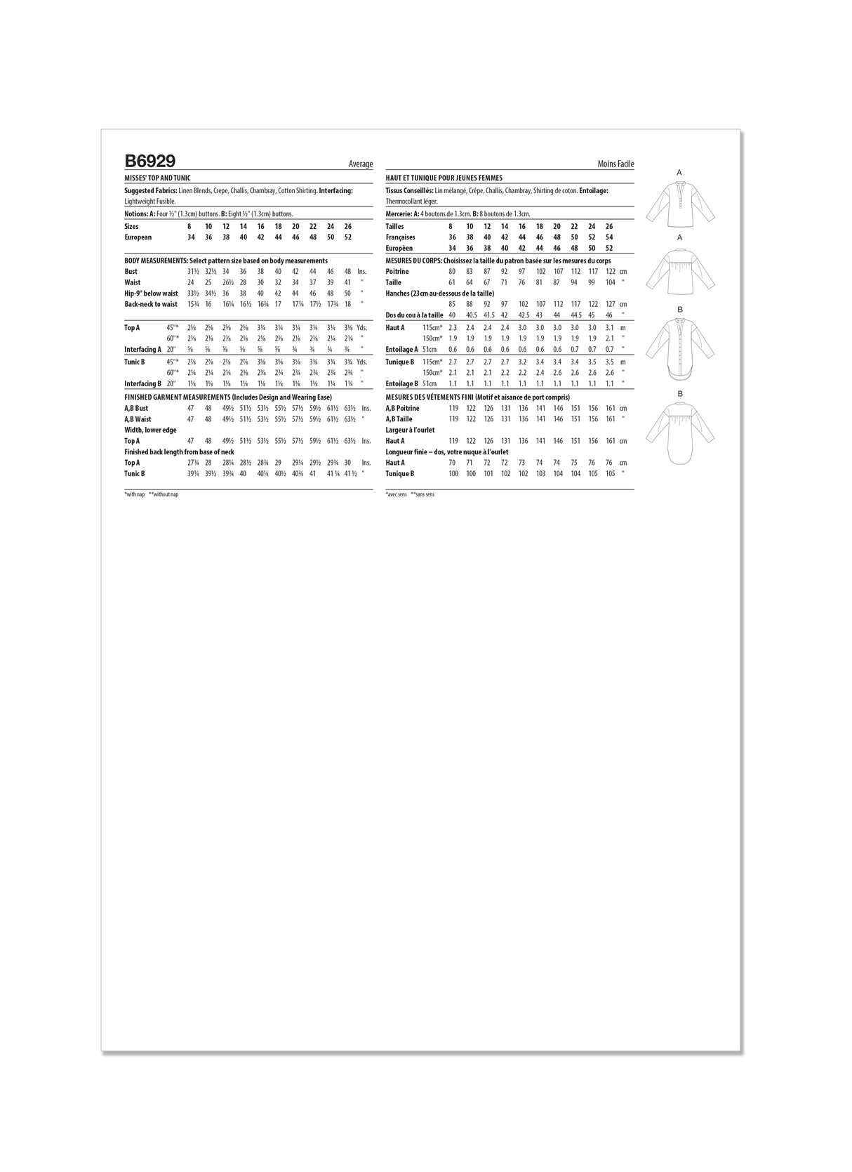 Patron Butterick n°6929 – Haut et tunique amples pour femmes
