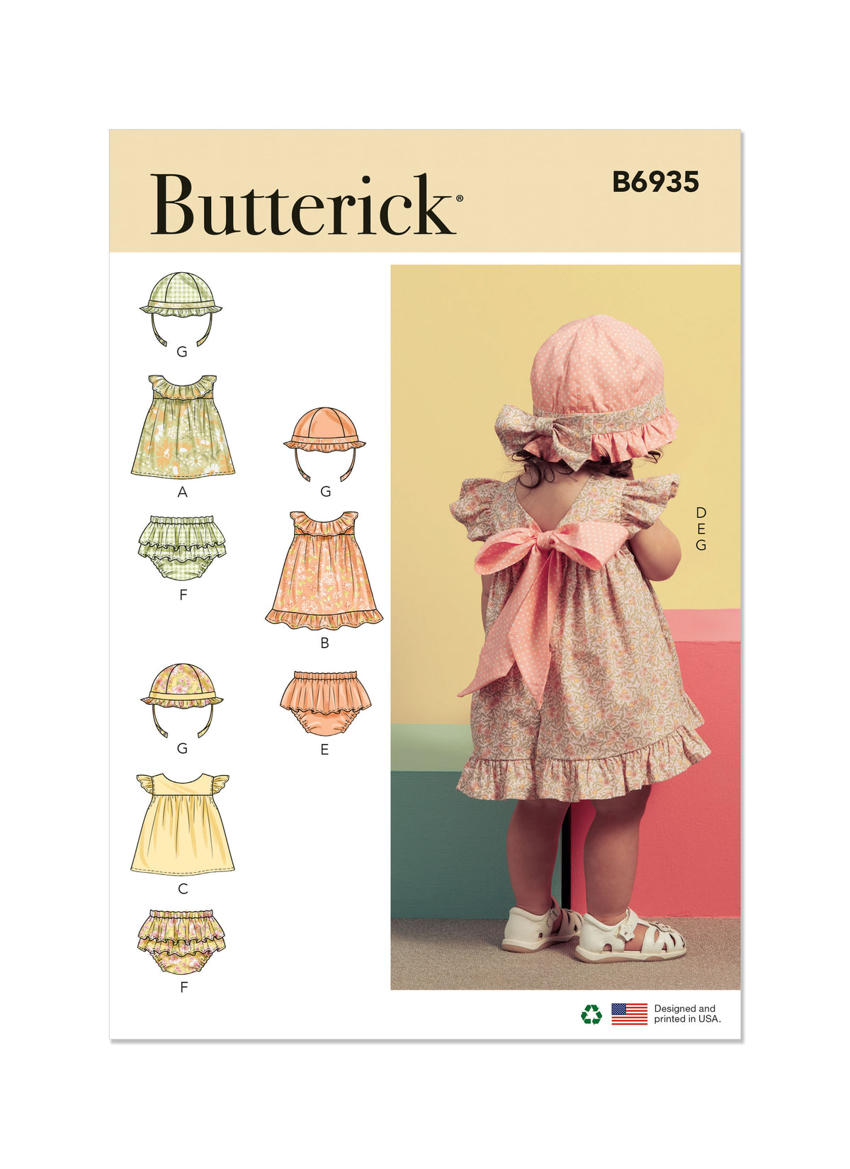 Patron Butterick n°6935 – Ensemble haut, culotte et chapeau pour bébé