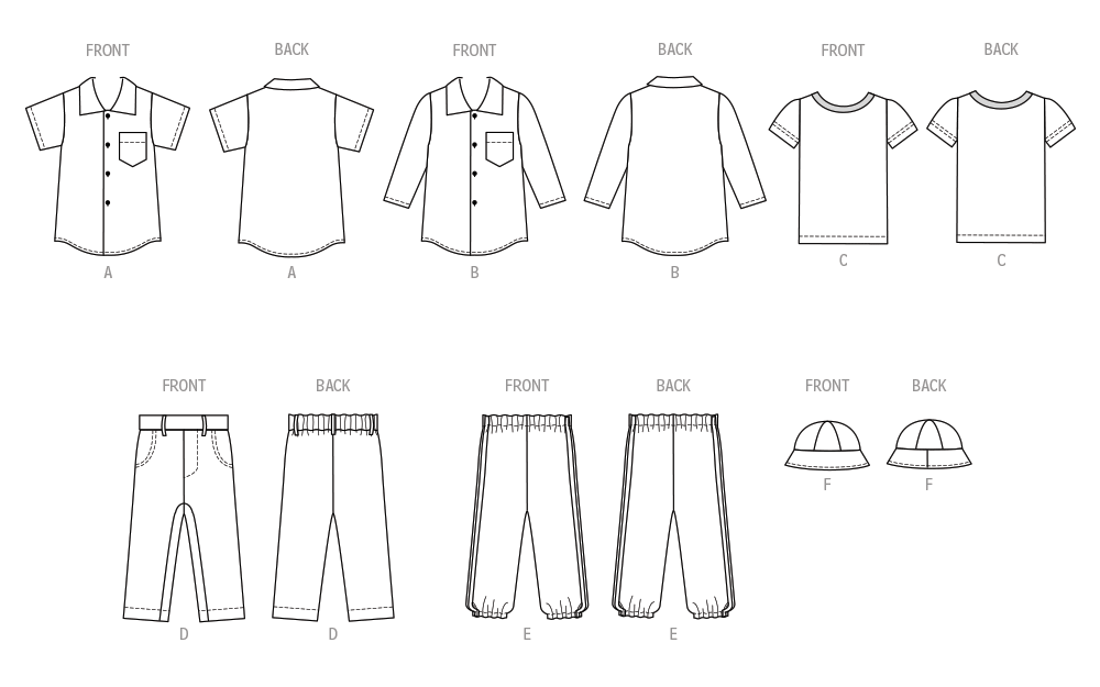 Patron Butterick n°6949 - Ensemble pour bébés : chemises, t-shirt, pantalons et chapeau