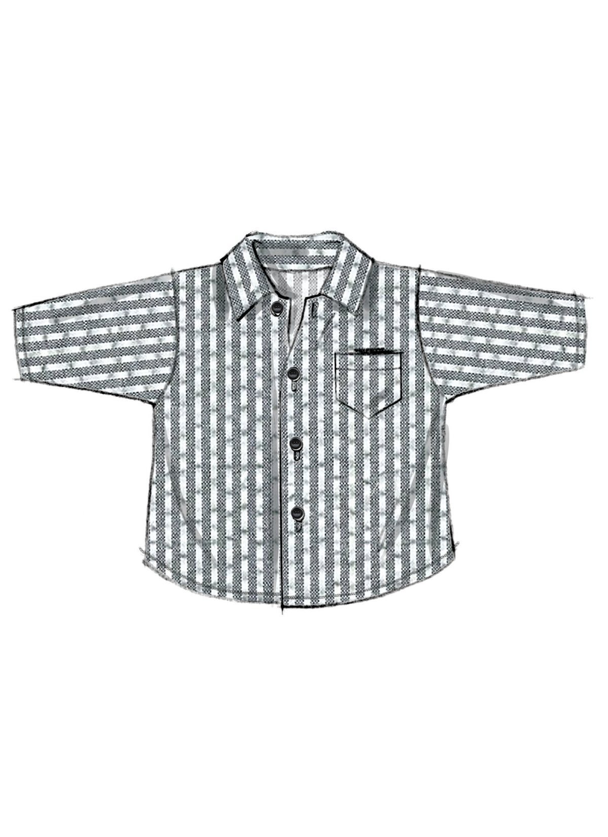Chemise garçon à motifs gris et blanc à manches longues, poche poitrine et boutons centraux.