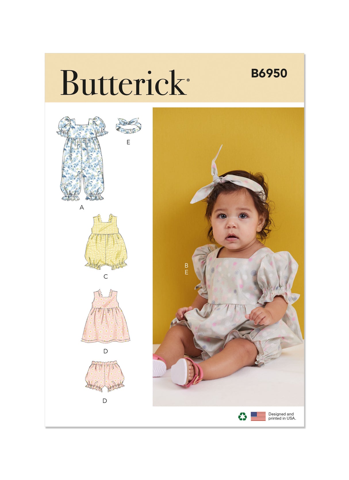 Patron Butterick n°6950 - Ensemble pour bébés : barboteuse, robe, bloomer et bandeau