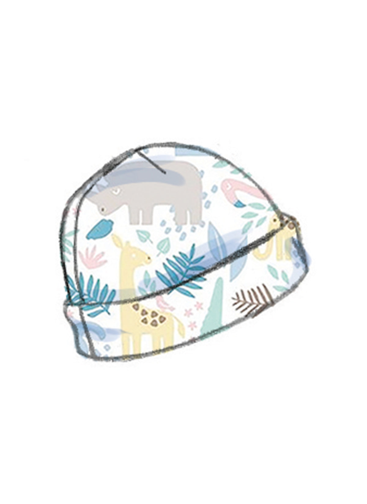 Casquette imprimée pastel avec des animaux (éléphant et girafe) et des feuilles, motif jungle.