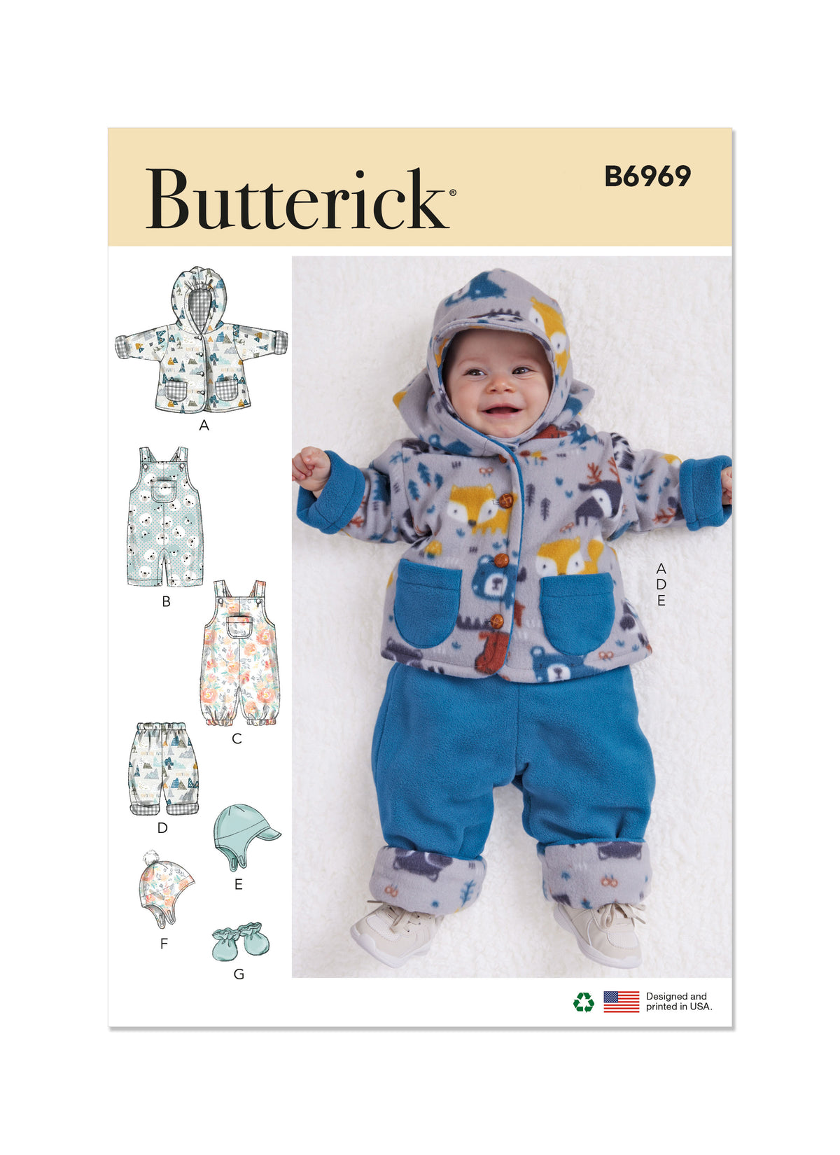 Patron Butterick n°6969 - Ensemble pour bébés : veste réversible, salopette, pantalon, chapeau et moufles