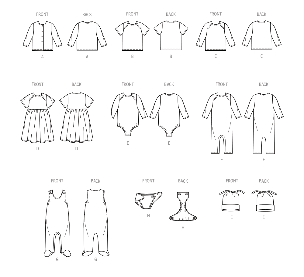 Patron Butterick n°6970 - Ensemble complet pour bébé : veste, salopette, robe, pantalon, chapeau et bonnet