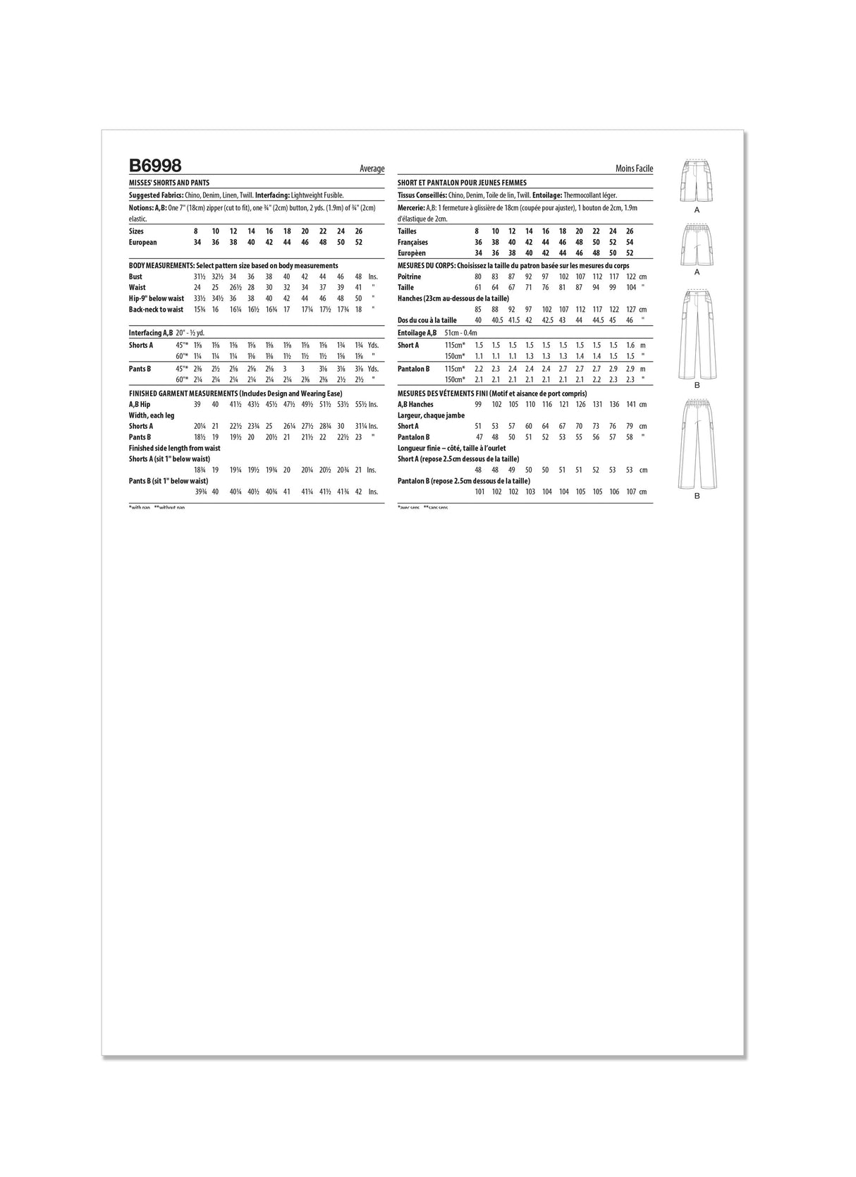 Patron Butterick n°6998 - Short ou pantalon semi-ajusté avec taille partiellement élastiquée