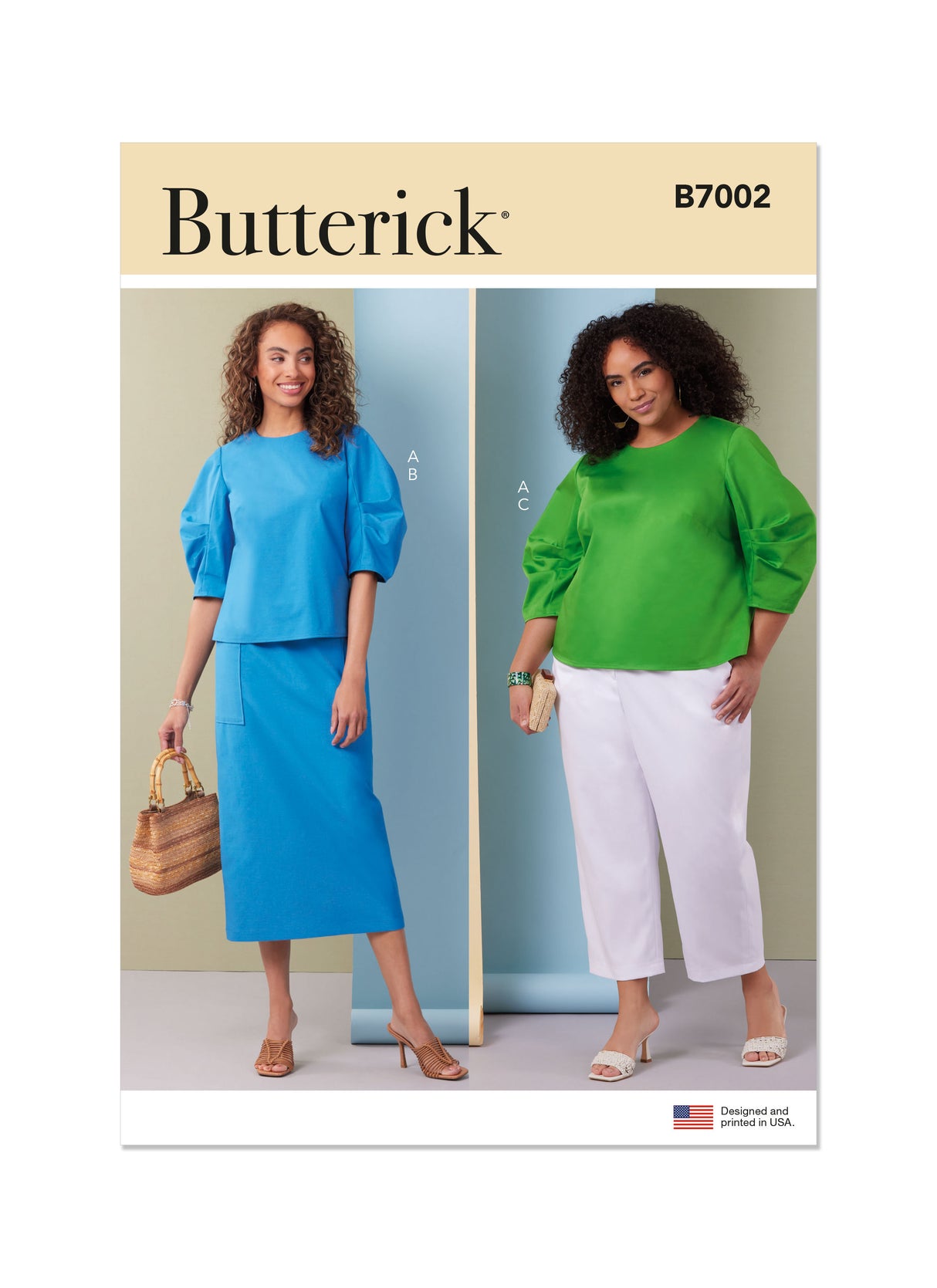 Patron Butterick n°7002 - Ensemble haut à manches bouffantes, jupe et pantalon fuselé