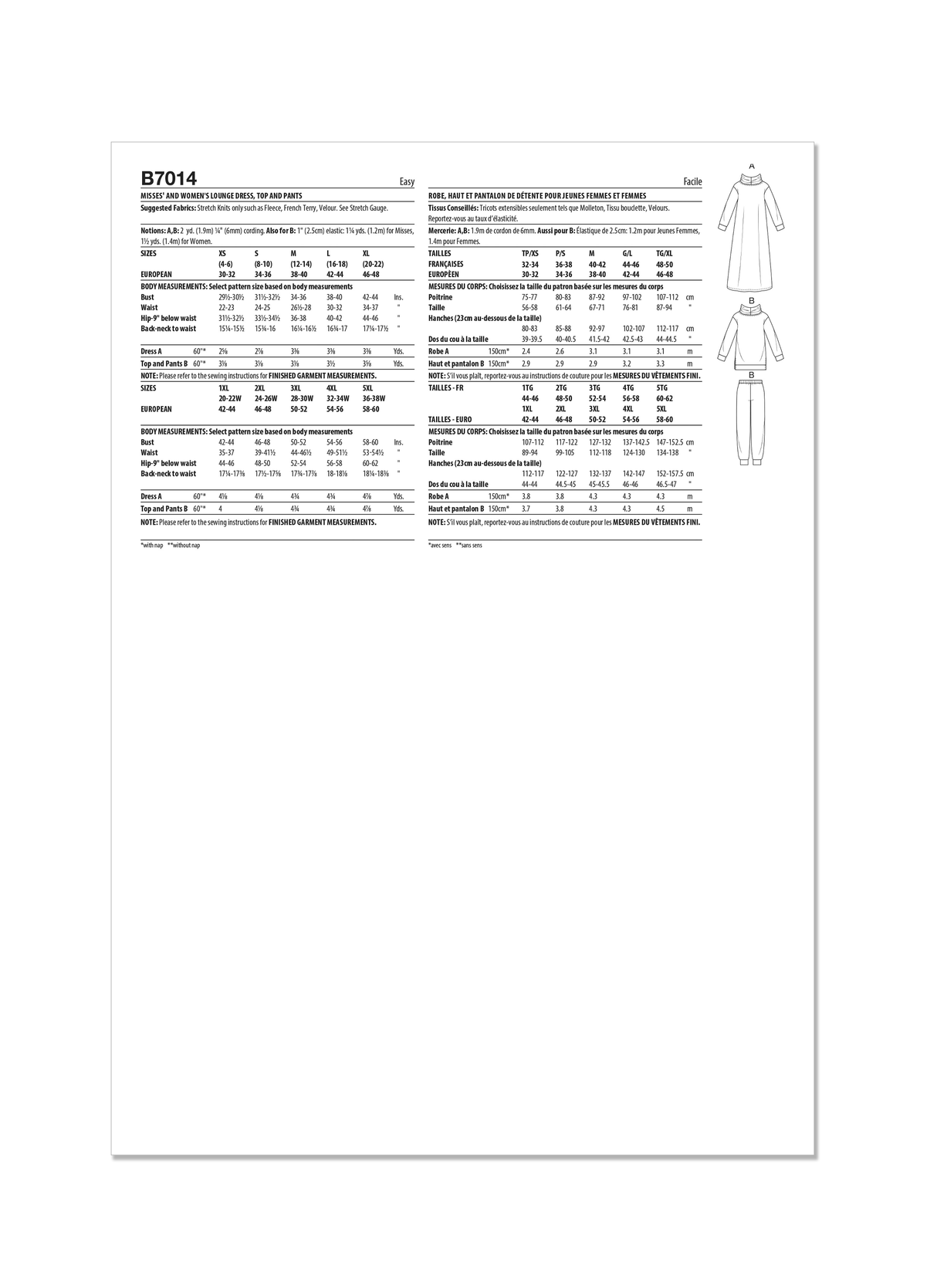 Patron Butterick n°7014 – Robe, haut et pantalon de détente