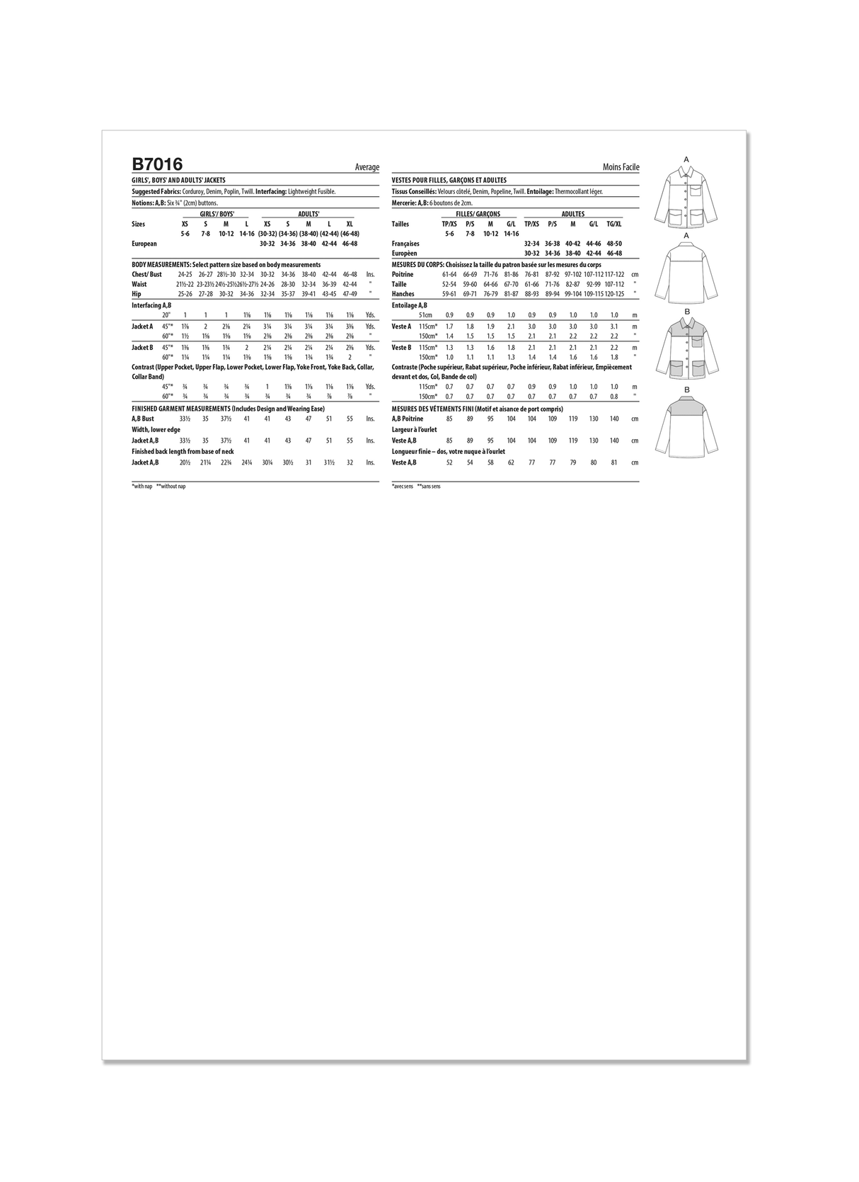 Patron Butterick n°7016 – Veste boutonnée pour toute la famille