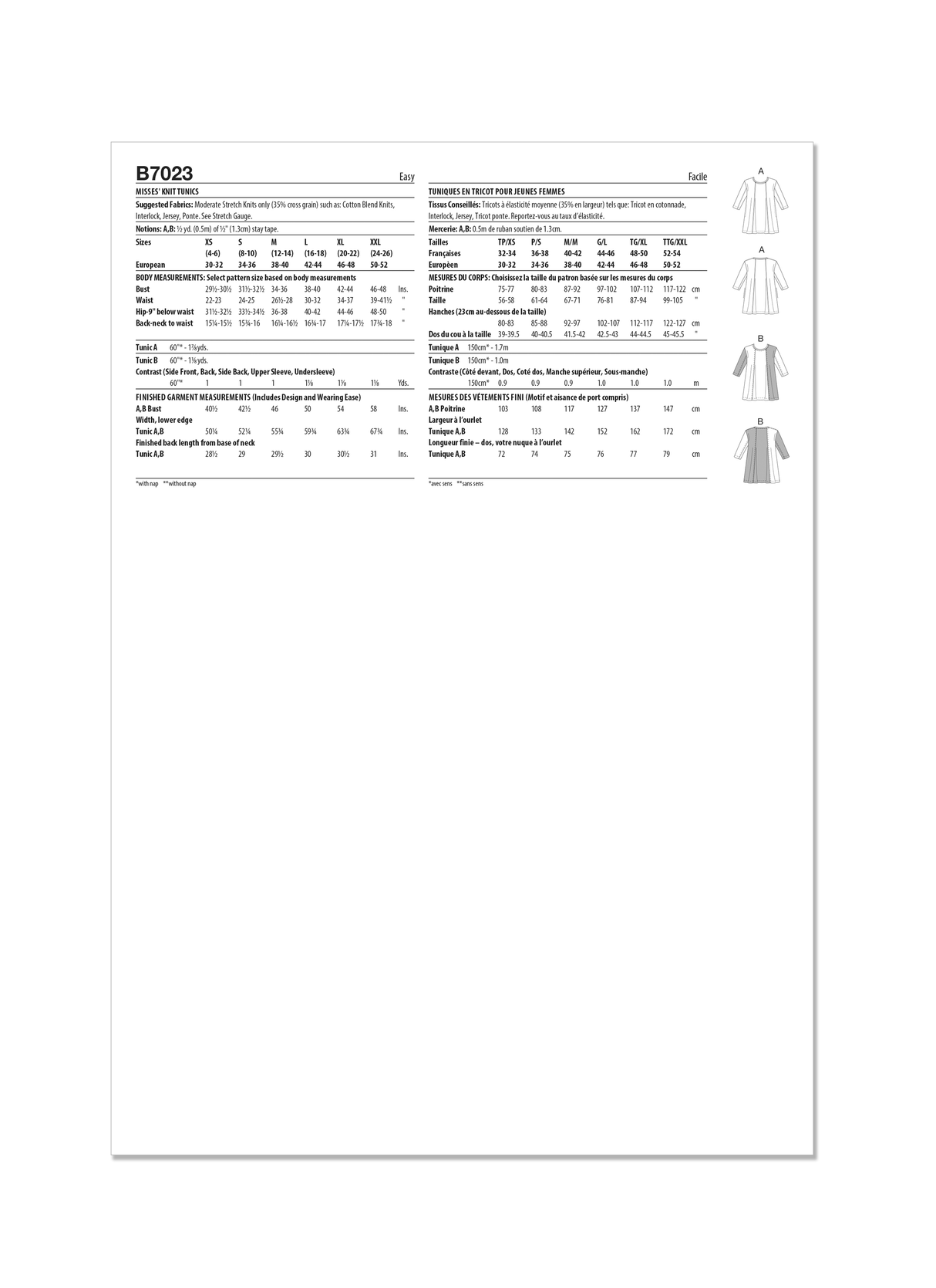 Patron Butterick n°7023 – Tunic ample à manches 3/4