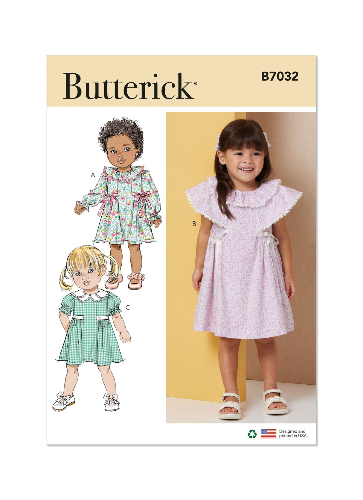 Patron Butterick n°7032 – Robe bébé col pétale & manches