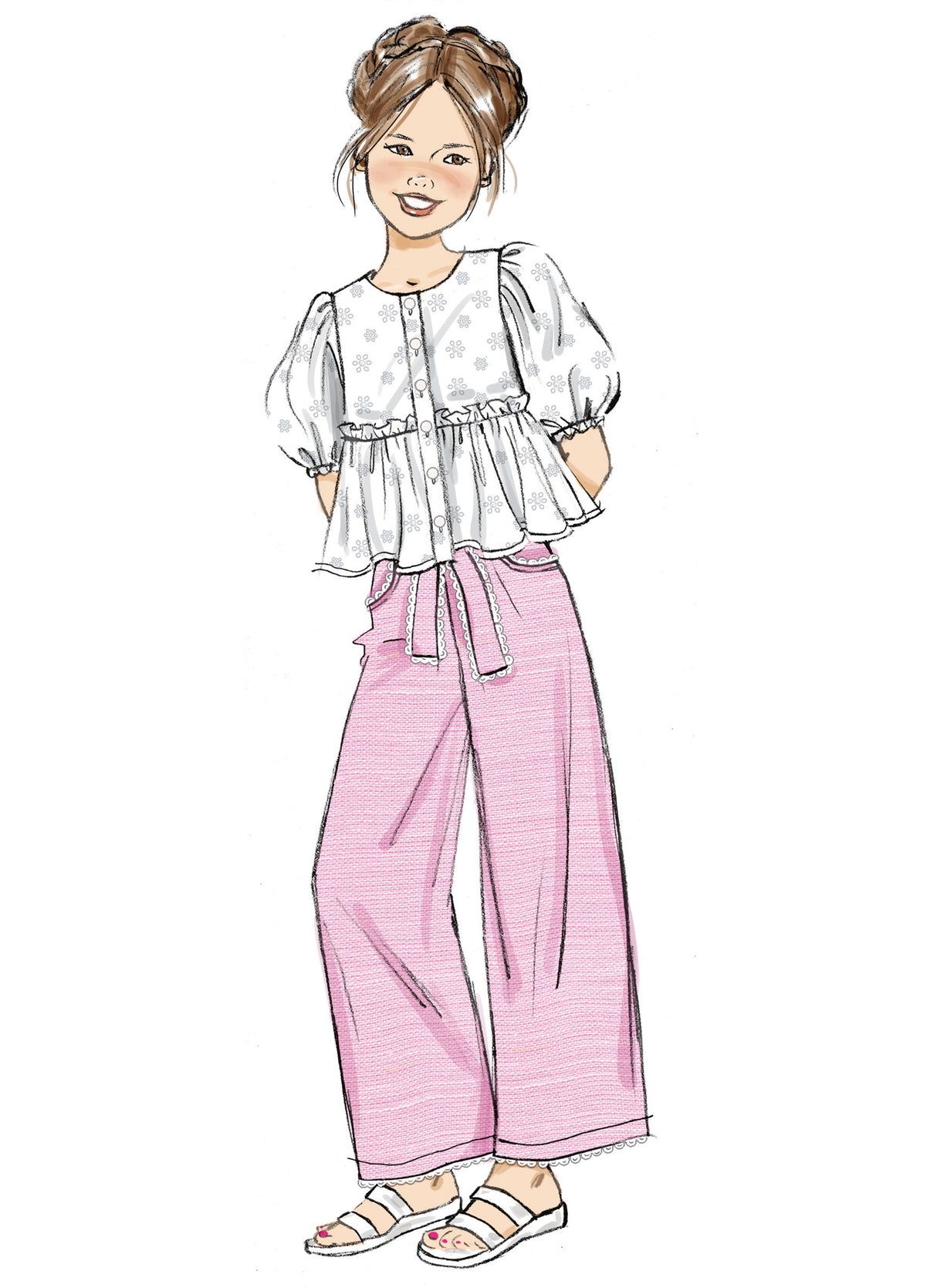 Patron Butterick n°7034 – Top boutonné, shorts et pantalon à sash pour enfants