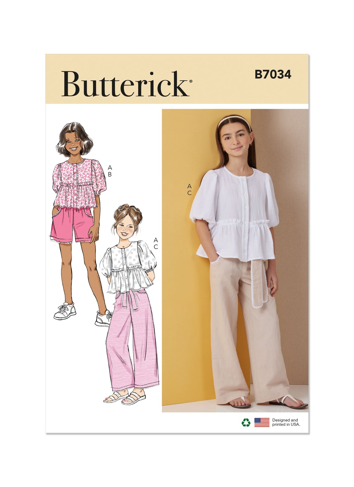 Patron Butterick n°7034 – Top boutonné, shorts et pantalon à sash pour enfants