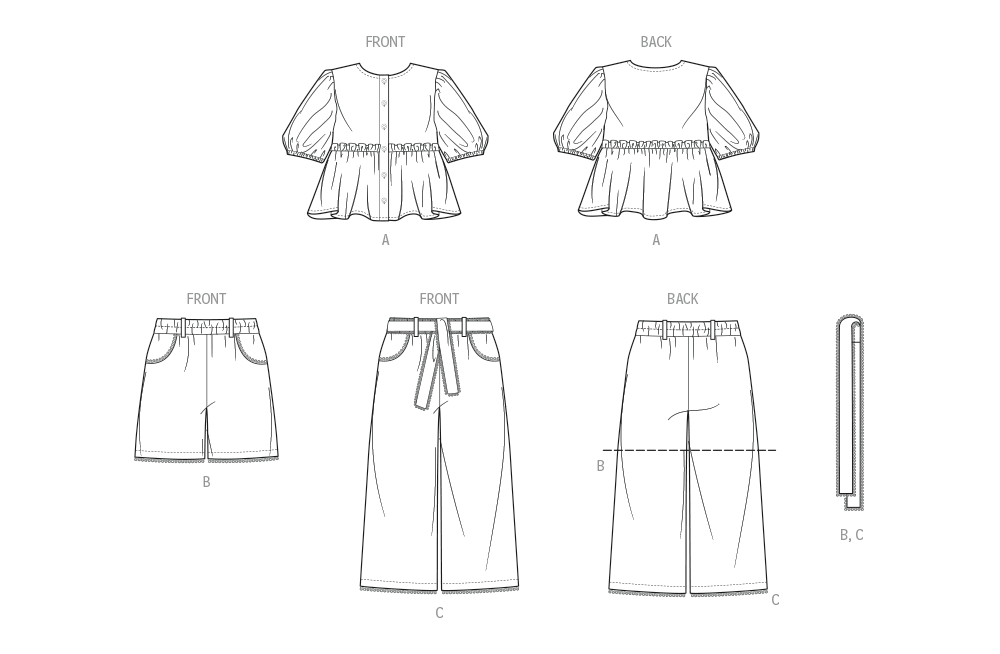 Patron Butterick n°7034 – Top boutonné, shorts et pantalon à sash pour enfants
